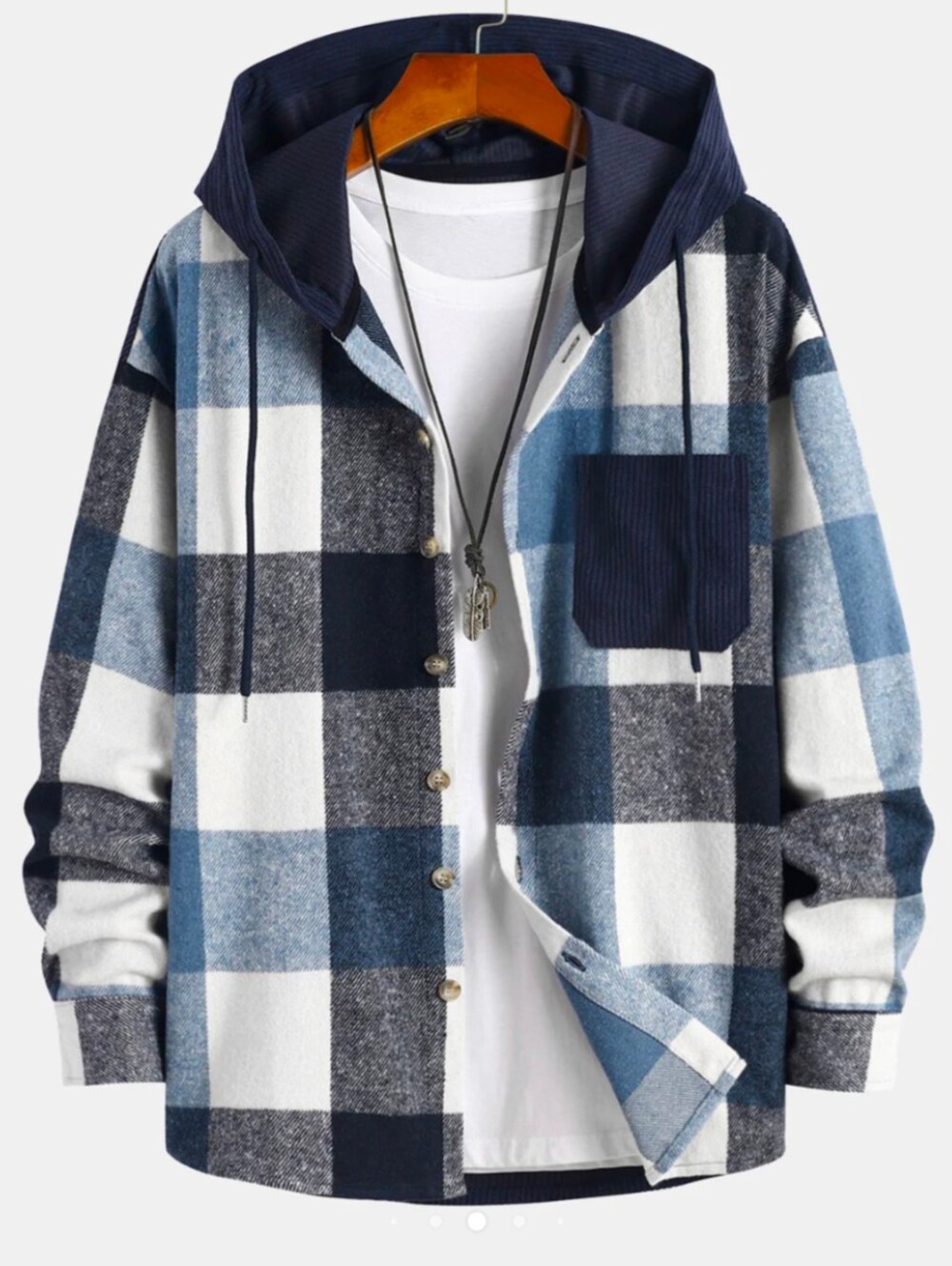 Men's Plaid Corduroy Patchwork Hoodie Flannel Long Sleeve Button Down Shirt M